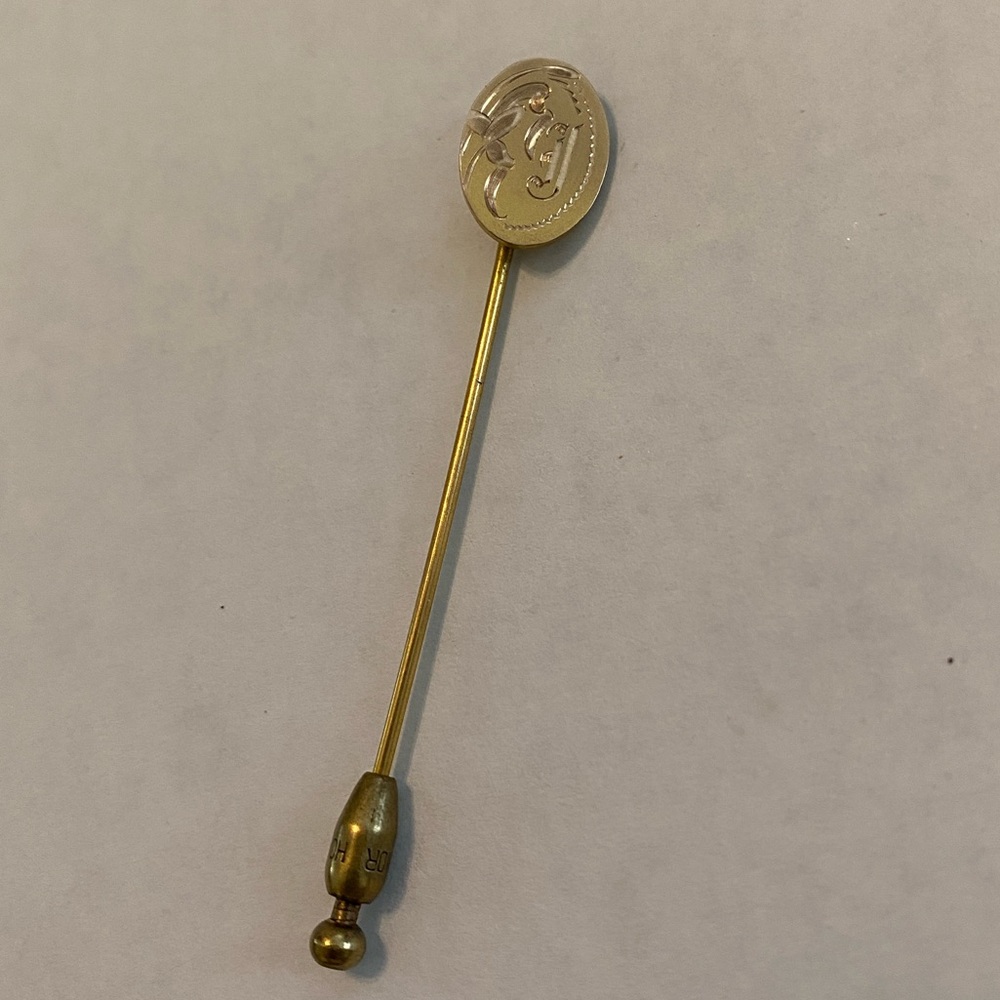 George L Paine Co Etched J Monogram Victorian Stick Hat Pin